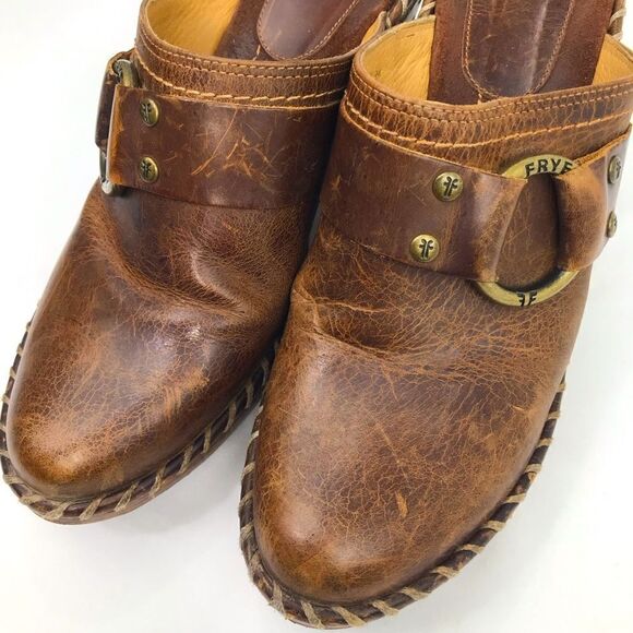 Frye Charlotte Brown Distressed Leather Metal Ring Whipstitch Slip On Heel Mules - Picture 9 of 15